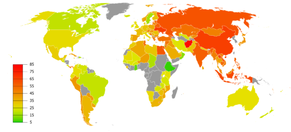Процент курящих табак мужчин по странам